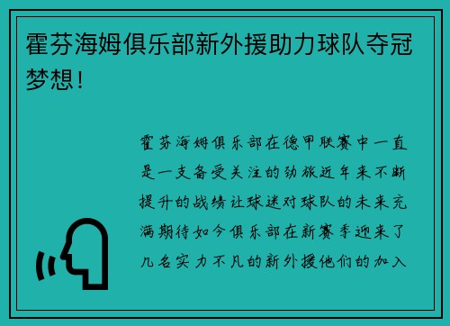 霍芬海姆俱乐部新外援助力球队夺冠梦想！